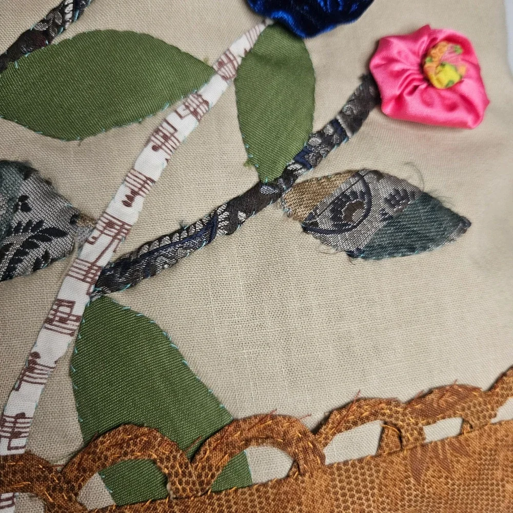 Vtg Handmade Floral Applique Throw‎ Pillow 3D Velvet Satin Flowers Cottagecore